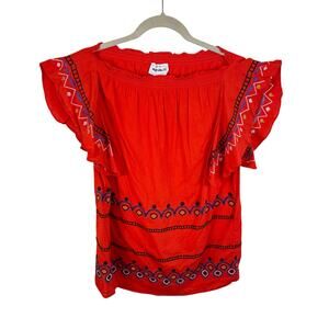 For The Republic Cotton Viscose Red Embroidered Flutter Sleeve Blouse Size S